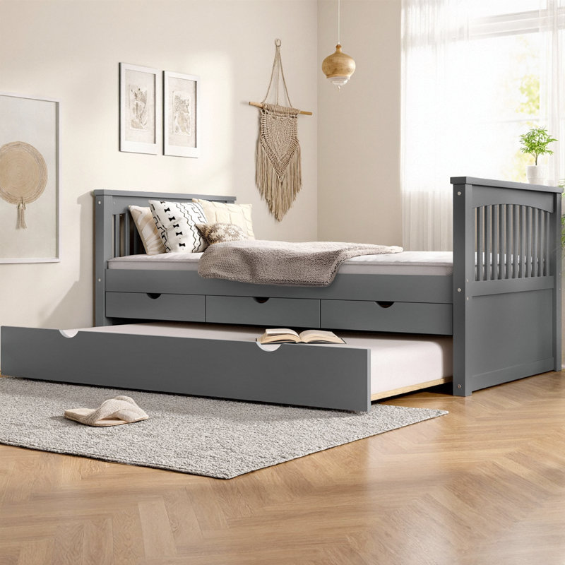 Lit plateforme simple avec tiroirs et lit gigogne, lit de jour avec 3 tiroirs de rangement et lit d'invité coulissant, aucun sommier nécessaire