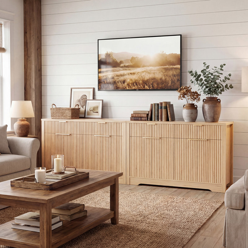 55" Buffet Cabinet with Storage, Drawers, and Adjustable Shelves, Natural Oak