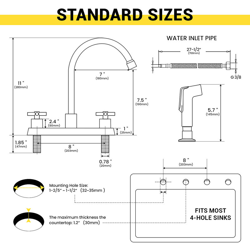 Two-Handle 4-Hole 8" Centerset Kitchen Faucet with Side Sprayer, Brushed Nickel