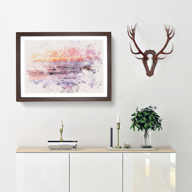 Beach in Spain Watercolour - Picture Frame Graphic Art Print, Walnut Framed, 62cm H x 87cm W x 2cm D