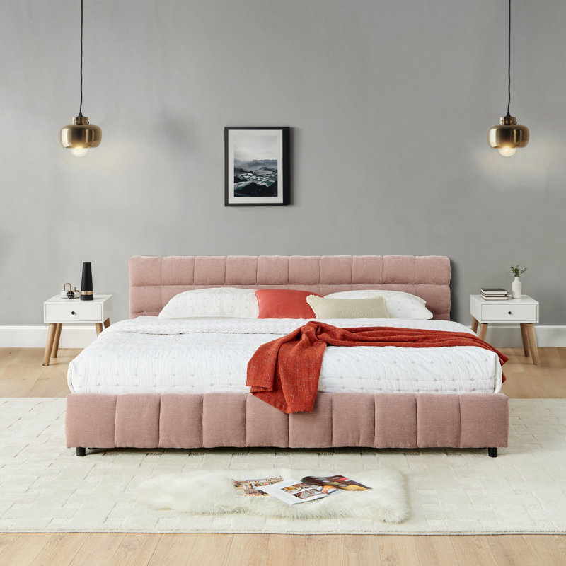 California King Size Upholstered Bed, Floor Platform Bed with 4 Drawers, Pink