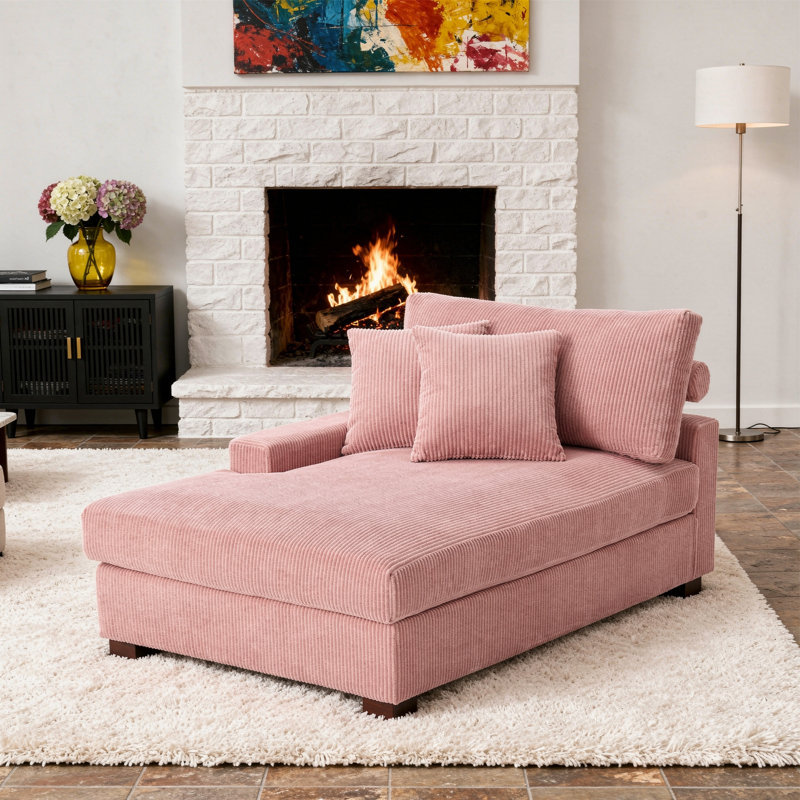 Milbrey Oversized Upholstered Chaise Lounge with Armrests & Throw Pillows, Left Hand Facing, Pink, Corduroy
