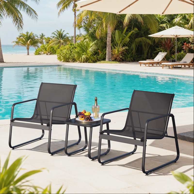 2 Person Outdoor Seating Set with metal Frame and Duurable Mesh Fabric ,3 Piece Set, Black
