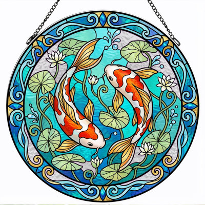 Koi Fish Stained Glass Window Panel，7.8H