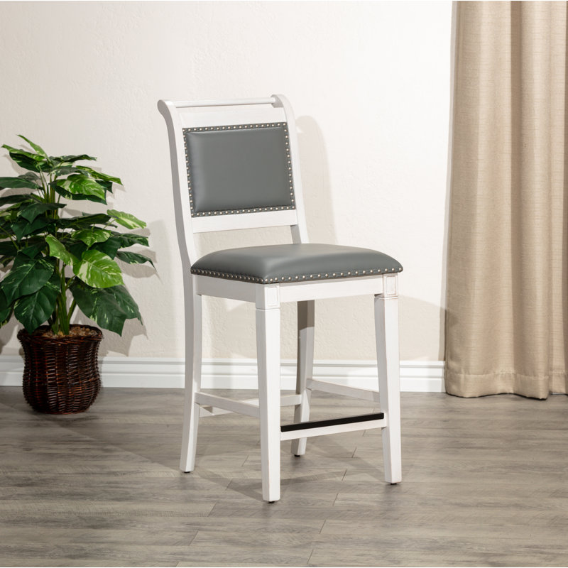 Upholstered Counter Stool with Solid Wood Frame, Leather-Weathered Gray/French Gray