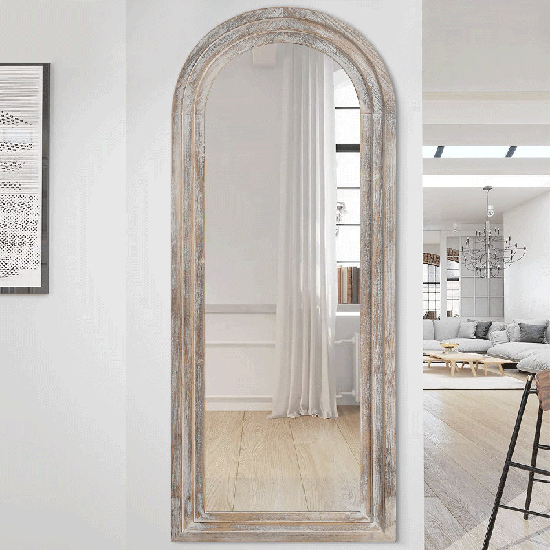 Trenika Arch Full Length Mirror Wall Mirror with Wood Multi-step Frame, 64" x 21", Weathered White