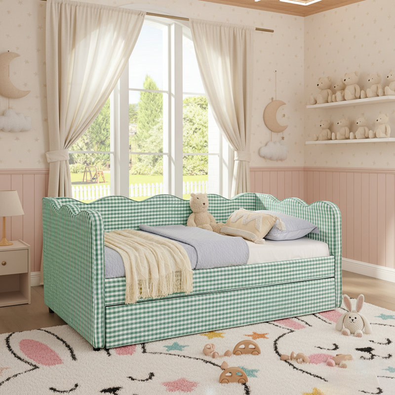 Daybed With Trundle, Sofa Bed, No Box Spring Needed, USB Port, Adorable Wave Shaped, Linen Fabric, Twin, Cyan
