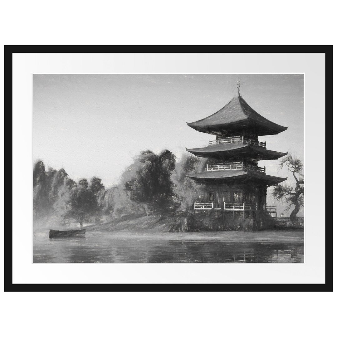 Gerahmtes Papierbild Asiatischer Tempel an See