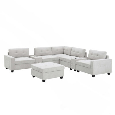 104'' Sectional Sofa with Movable Ottoman, L-shaped Tufted Sofa with Storage Consoles, USB Charger, Acrylic Table Top, U-shaped Chenille Couch Set for Living Room