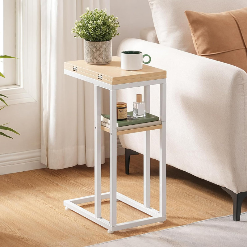 Foldable End Table C Shaped Side Table with Storage Shelf, Natural/White