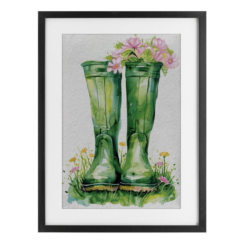 «Stupell Industries Spring Blooms Green Rainboots Under Glass», art mural encadré par Daisy A., Cadre noir minuit