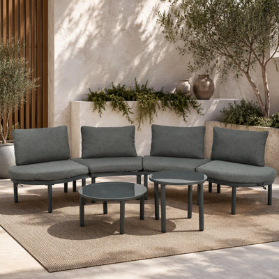 Ensemble de canapé de patio 6 pièces TopMAX, canapé modulaire d'extérieur demi-lune avec 2 tables basses haute et basse, rotin en osier PE, verre trempé, 4 coussins et coussins, pour cour, jardin, bord de piscine, gris