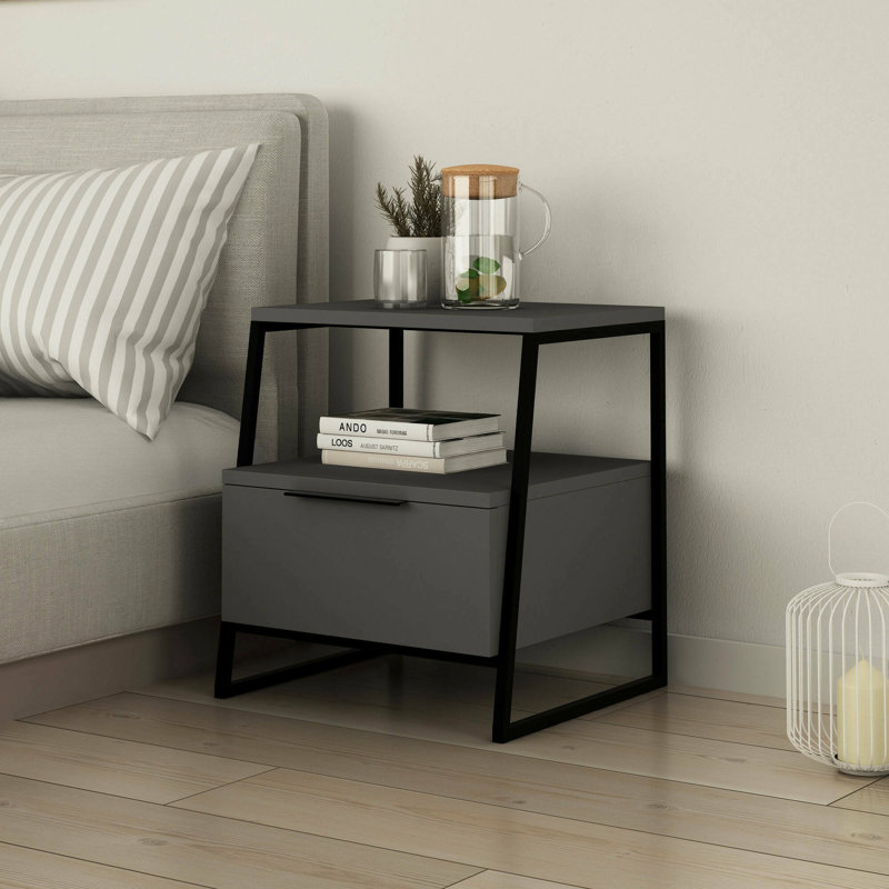 Aires Modern Bedside Table | 45 x 40 x 50 cm | Drop Door Cabinet with Metal Frame, Anthracite