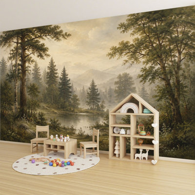 Papier peint auto-adhésif paysage de forêt sereine, pin, Misty Lake Mountain, murales classiques, papier peint, H 100 po x l 144 po, papier peint auto-adhésif pour chambre à coucher, bureau à domicile