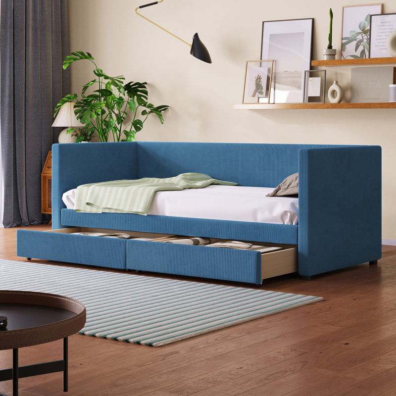 Twin Size Corduroy Daybed with Two Storage Drawers & Solid Wood Slat Frame, Blue, Blue