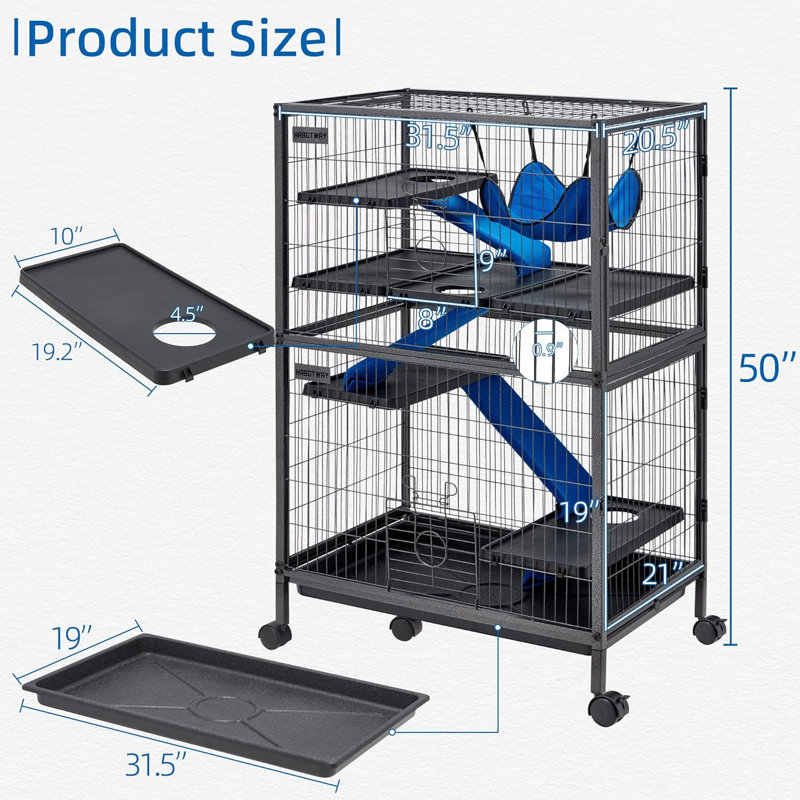 Cage à roulettes en métal 50 po H 5 étages avec hamac noir, L 31,5 po x l 20,5 po x H 50,4 po