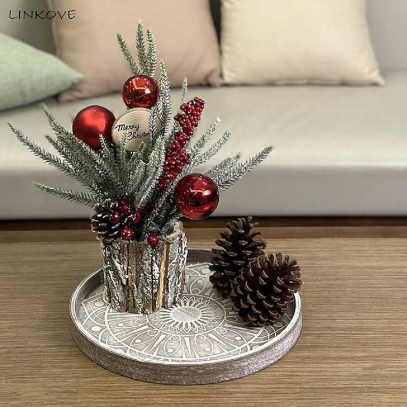12" Boho Decorative Tray For Home Decor, Round Wood Coffee Table Tray Decor, Rustic Washed Ottoman Tray For Living Room, Small Wooden Carved Circle Serving Tray