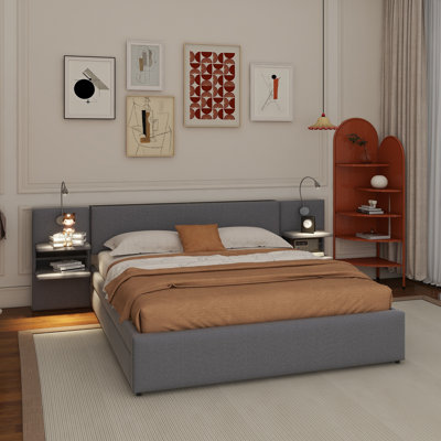 Queen Size Upholstered Platform Bed With Reading Lights, Drawers, Trundle And Shelves, Beige