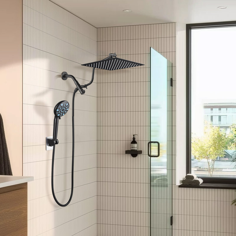 12-Inch Raincan Shower Heads with 9-Setting Handheld Spray and Adjustable Curved Extension Arm Combo Matte Black, Matte Black