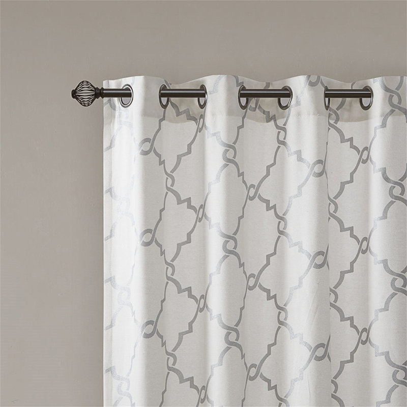 Fretwork Print Grommet Top Window Curtain Panel With Geometric Pattern And Soft Light Filtering Functionality., Ivory/Gray