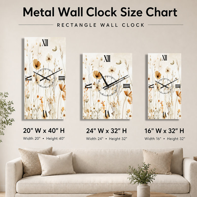 Champ de fleurs sauvages neutre III - Grande horloge murale scandinave en métal, imprimée sur métal