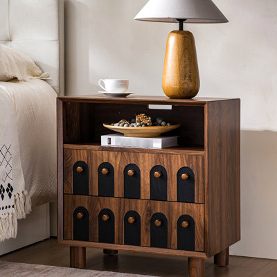 26" Tall Nightstand With Charging Station, 23.75'' Wide Wood Bedside Table, 2 Storage Drawers, Mid Century End Table For Bedroom, Curve Mirror Design, Walnut , Ac Outlets Bedroom And Living Room,