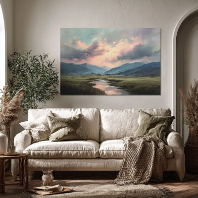«Pastel Valley Landscape», art mural sur toile grand format - Décoration de salon, de chambre à coucher ou de bureau
