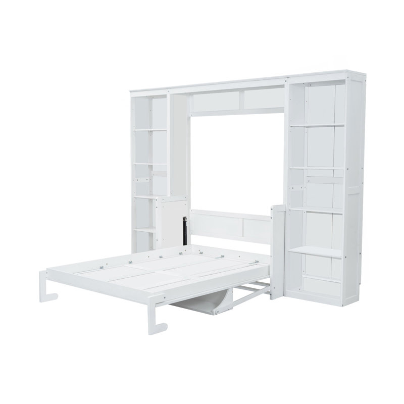 Lit escamotable double avec bureau et bibliothèque, blanc, Full