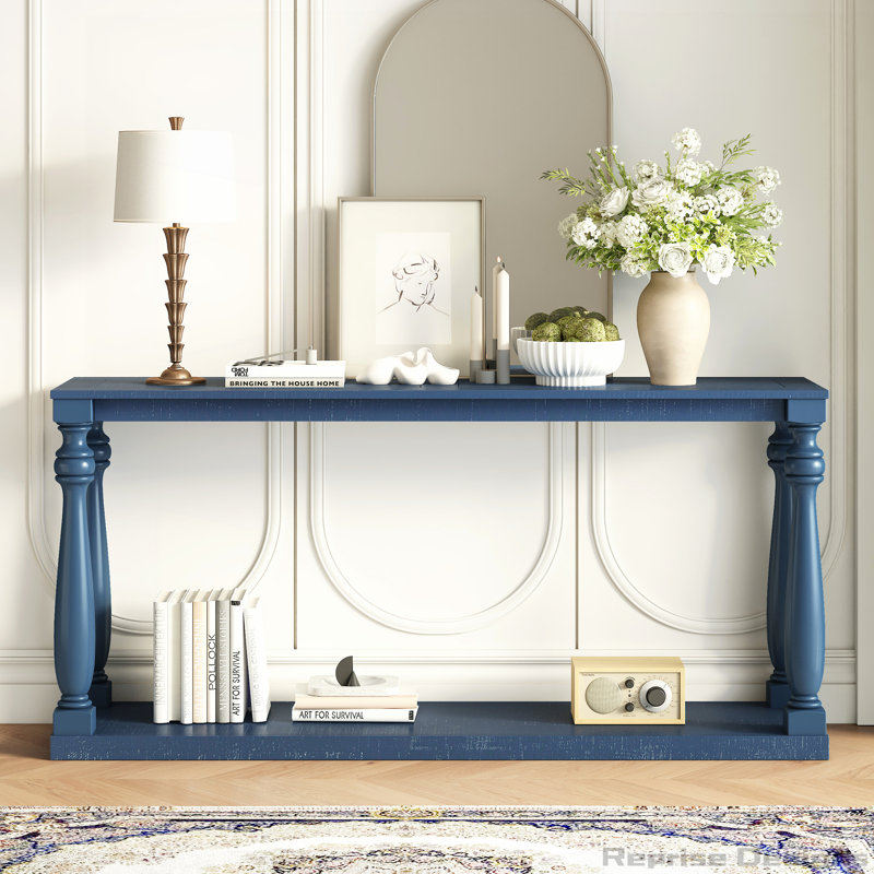 Console rétro avec grain du bois avec tablette inférieure et quatre pieds, Bleu marine
