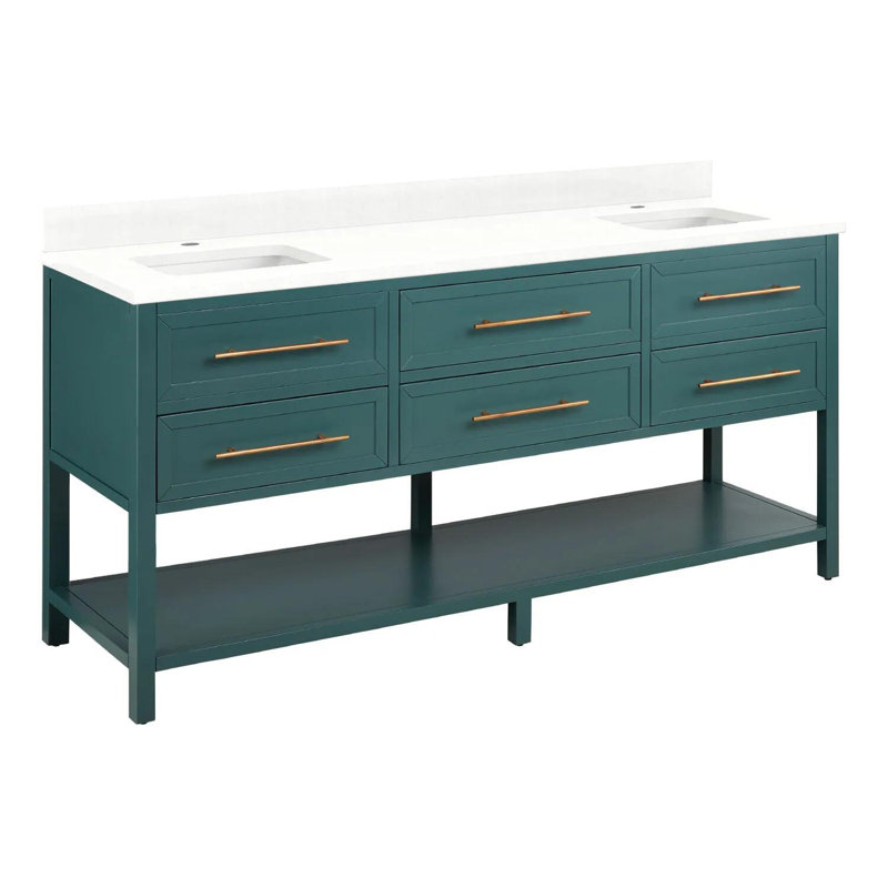 72" Robertson Double Bathroom Vanity Set with Rectangular Undermount Sinks, Single Hole, Arctic White Quartz, Black