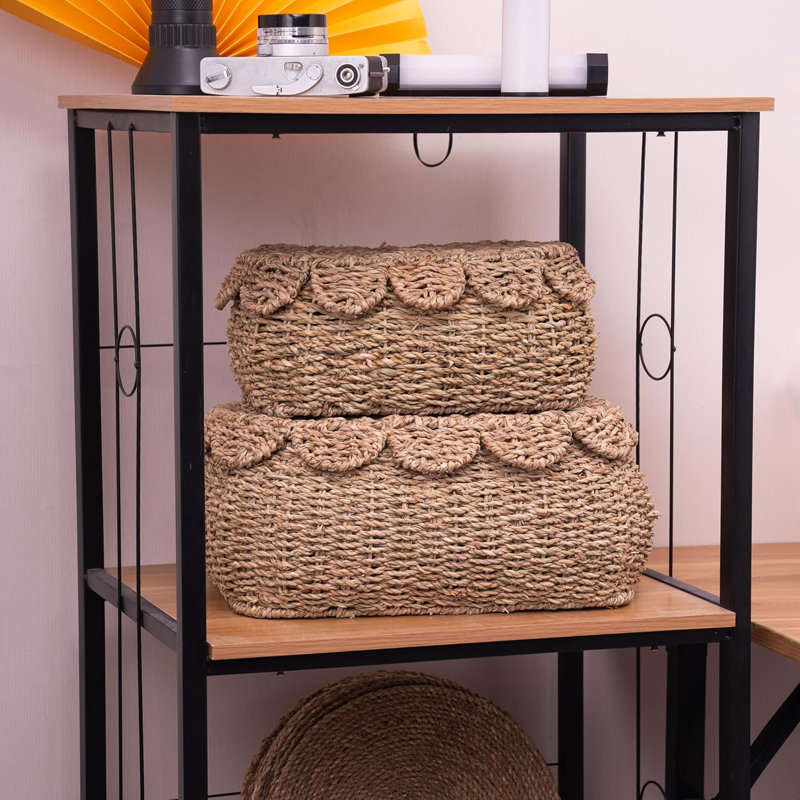 Set Of 2 Hand Round Wicker Storage Baskets, Rattan Basket Decorative Boxes, Woven Storage Box Seagrass Baskets With Lids, Scalloped Edge Wicker Basket With Lid