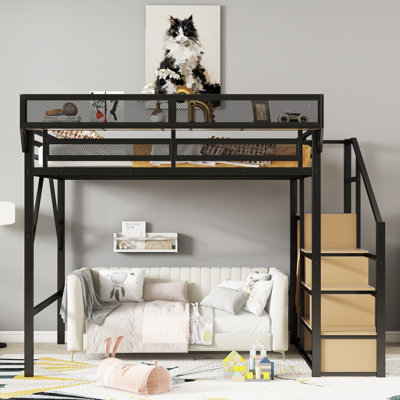 Queen Size Metal Loft Bed with Stairs, Storage Shelves & Wardrobe, High Loft Bed for Kids, Teens & Adults