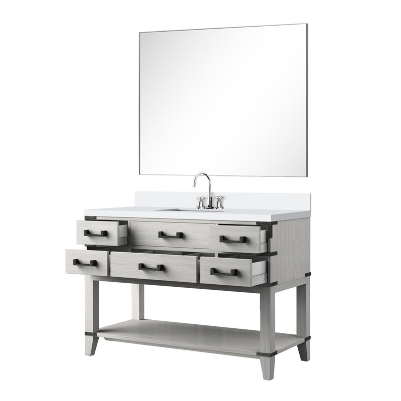 48 po Meuble de salle de bain en chêne blanc avec dessus en quartz et robinet, Chêne blanc