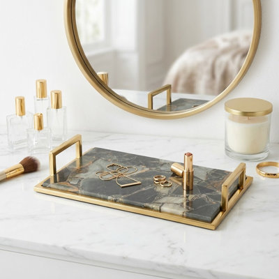 Decorative Rectangular Agate Tray for Ottoman & Coffee Table Decor - Elegant Metal Handled Accent for Home Kitchen or Jewelry Display - Green & Gold