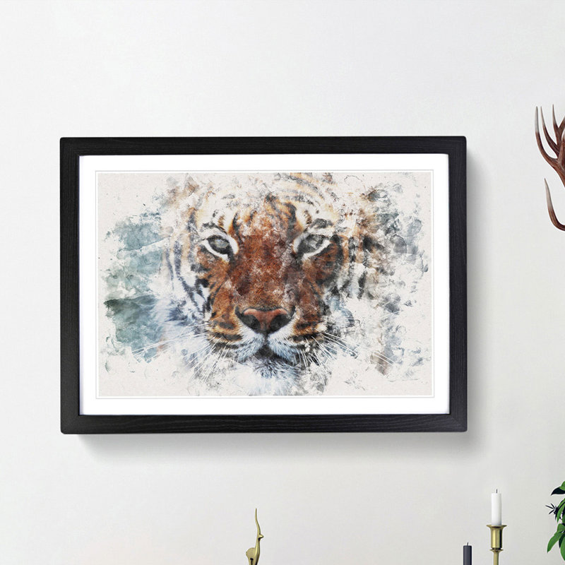 Tiger In The Blue Watercolour - Single Picture Frame Print on MDF, Black Framed, 62cm H x 87cm W x 2cm D