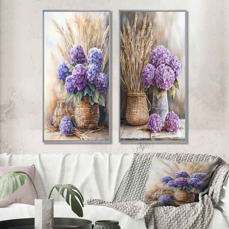 Hortensias et pampas, bouquet de fleurs I - impressions sur toile florales 2 panneaux, H 28 po x l 25 po, Encadrement argenté