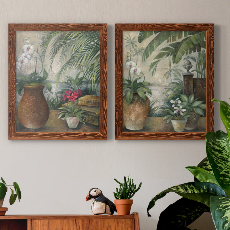 Orchidées au paradis I - ensemble de 2 reproductions d'art graphique, Toile avec cadre érable, Pas de tapis