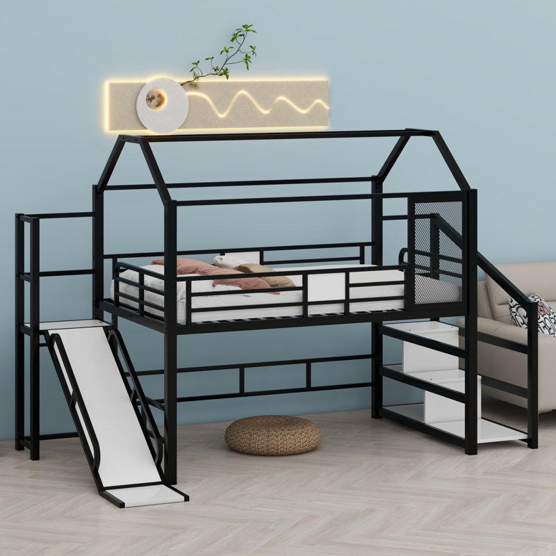 Metal House Loft Bed With Slide,Stairs And Storage Shelves, Twin, Black
