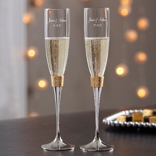 Stemless Champagne Flute Party Glasses with Hammered Brass Plated Bottoms, Set of 4