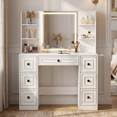 43.3" Makeup Vanity Desk with LED Lighted Mirror, Charging Station and 7 Drawers