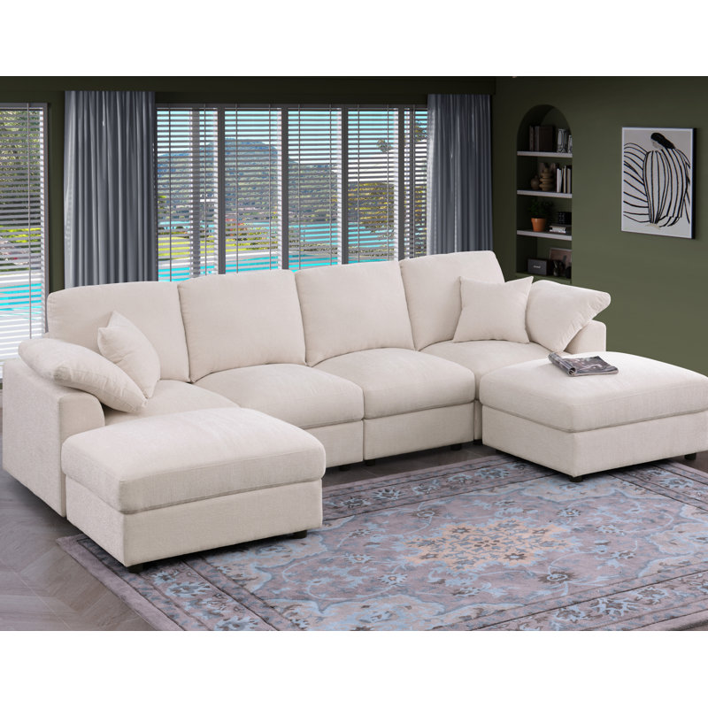 Sectional Sofa With 2 Ottomans, Beige