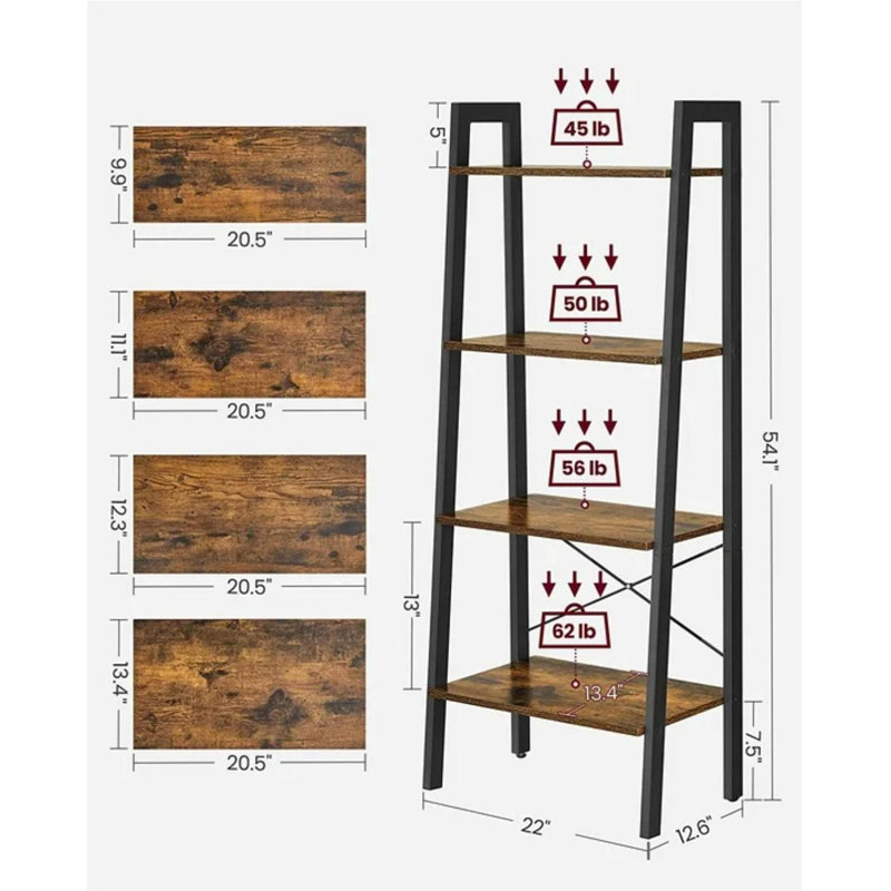 4-Tier Ladder Shelf Wall Ladder Bookshelf Bookcase, Rustic Brown/Black