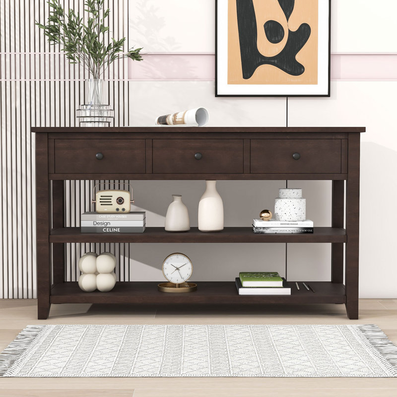 Console Exton Mid-Century avec tiroirs de rangement et tablettes ouvertes, Espresso