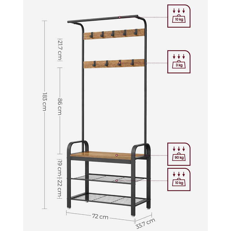 Metal Freestanding 9 - Hook Coat Rack, Rustic Walnut/Black