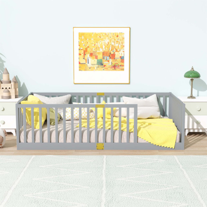 Lit en bois d'hévéa avec clôture haute sécurité, 6 lattes renforcées, parfait pour les enfants et les espaces compacts, Grey