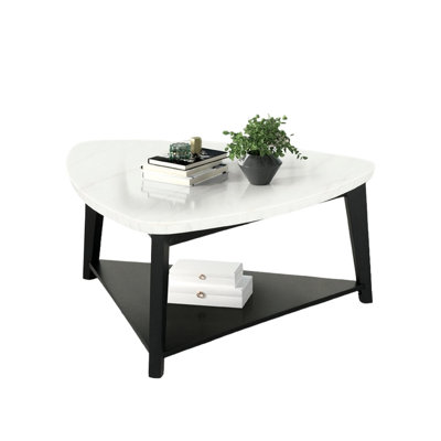 Contemporary Style Triangle Coffee Table Bottom Storage Space Marble Top White And Black Finish Primary Living Room