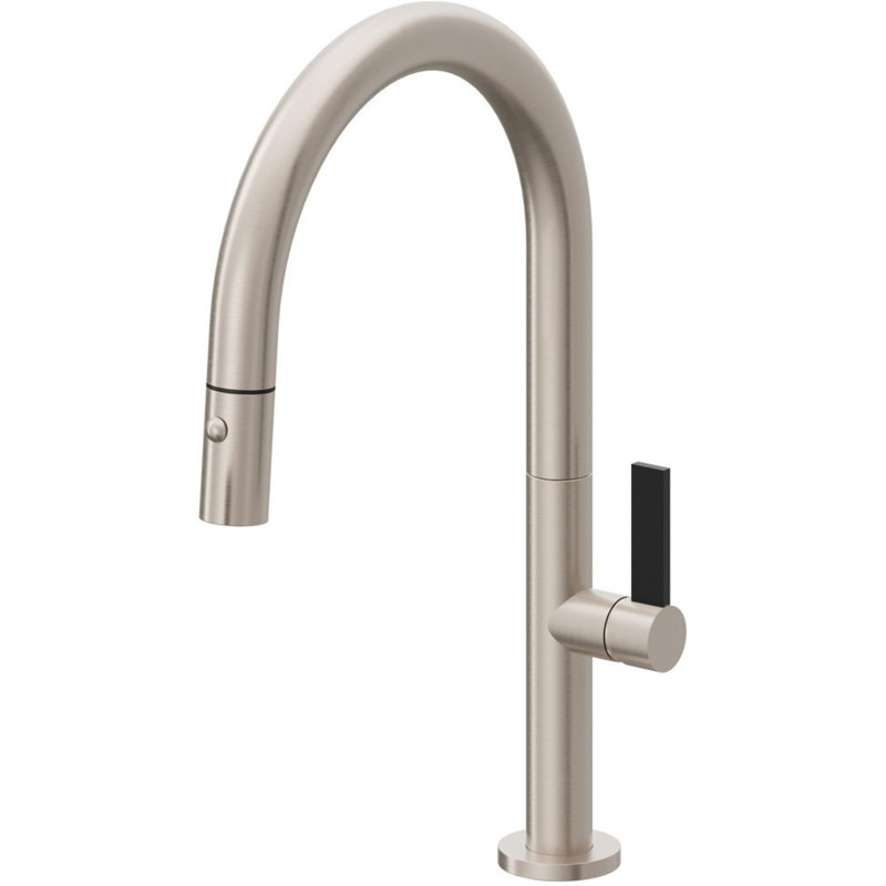 Pull-Down Kitchen Faucet With Button Sprayer - Low Arc Spout, Black Flat Blade, Polished Brass