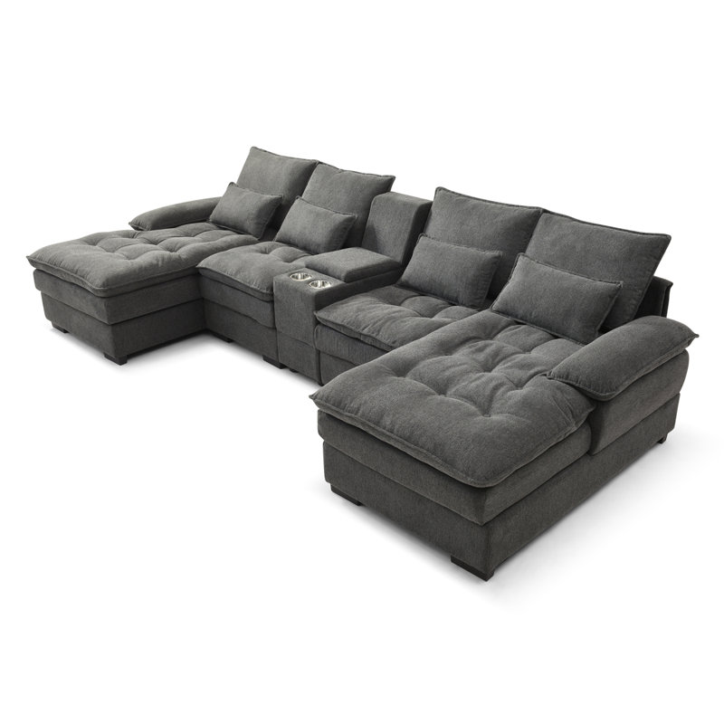 Akeyra Upholstered U Shaped Sectional Sofa with Console, Gray Linen 1