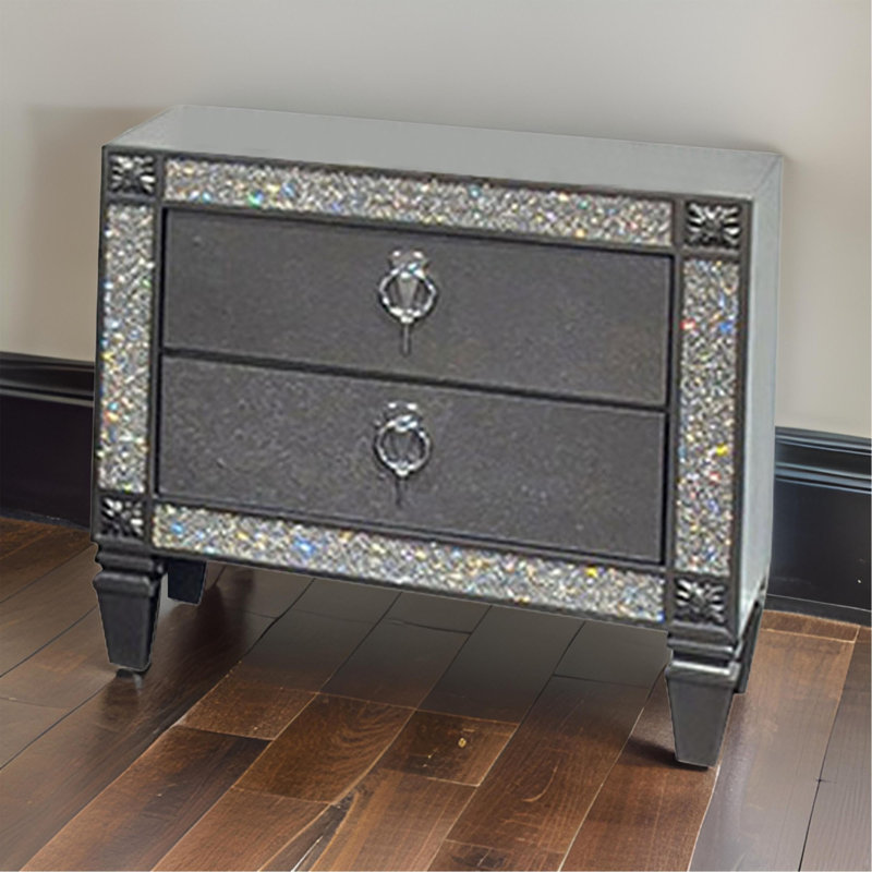 Table de chevet Laine, 2 tiroirs, garniture en cristal