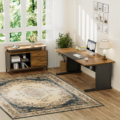 63" Executive Office Desk Drawer Cabinet,L Shaped Desk With Shelves,Split Computer Desk And Lateral Hanging File Cabinet,Home Office Furniture For Hom